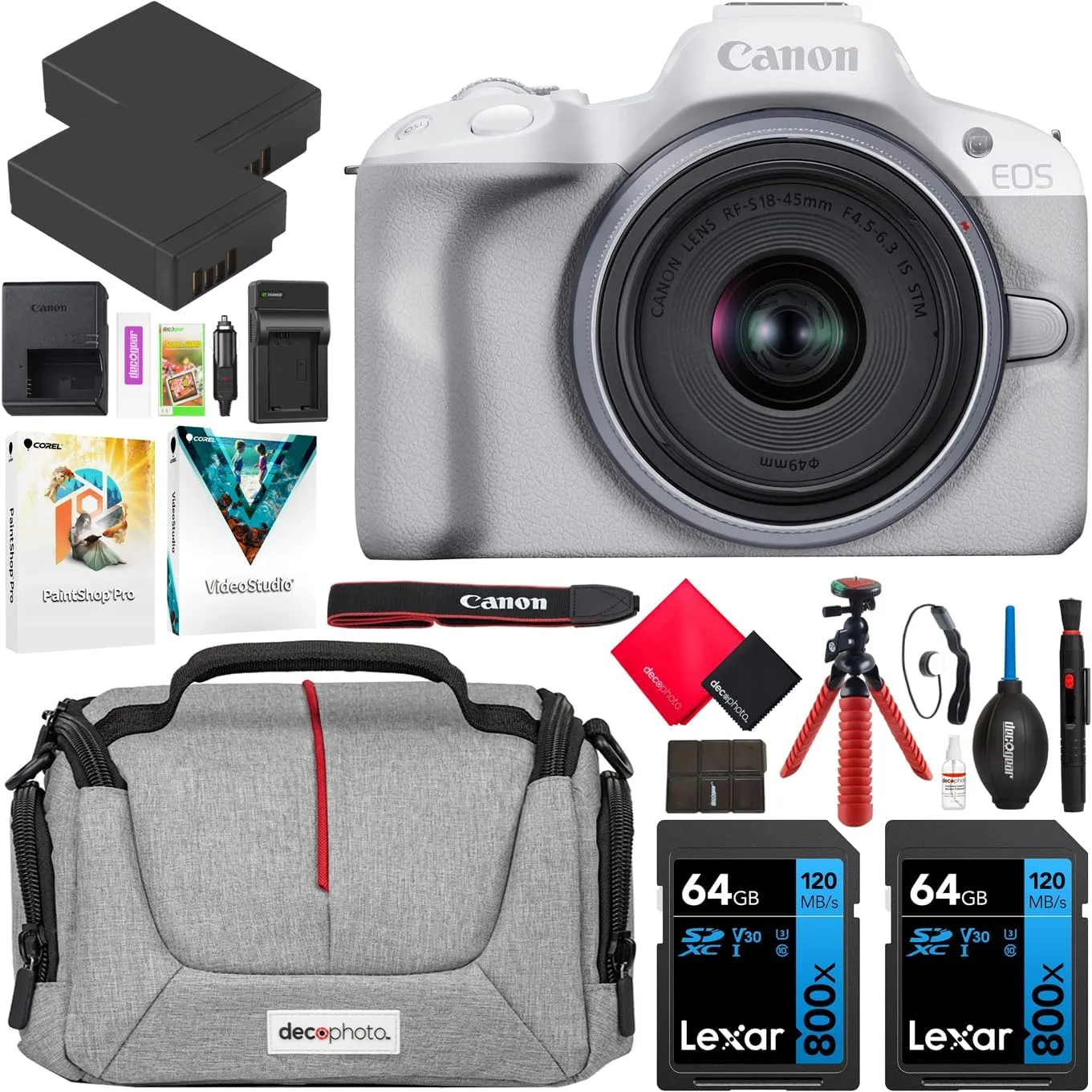 Canon EOS R50 Mirrorless Camera (White) with RF-S 18-45mm F4.5-6.3 is STM Lens 5812C012 Bundle with Deco Gear Photography Bag   2 x Battery   2 x 64GB Memory Cards   Accessories Kit