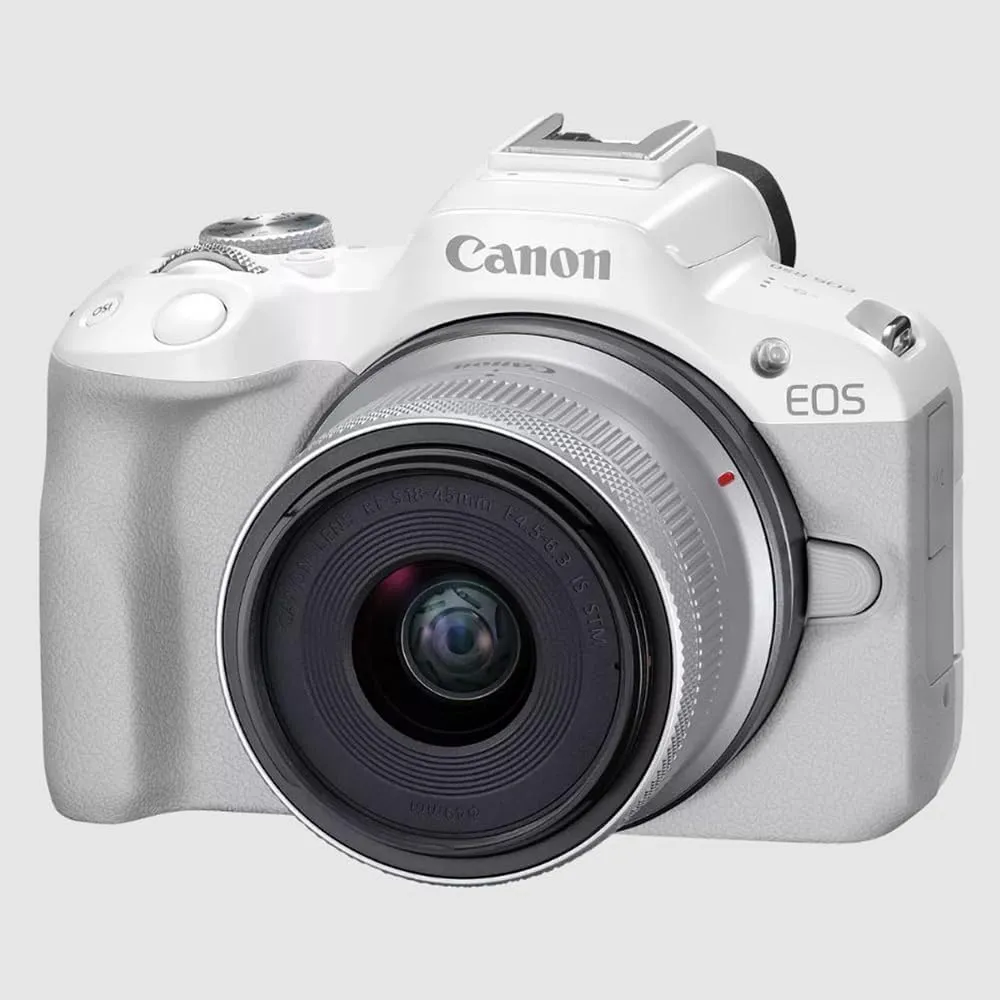 Canon EOS R50 Mirrorless Camera (White) with RF-S 18-45mm F4.5-6.3 is STM Lens 5812C012 Bundle with Deco Gear Photography Bag   2 x Battery   2 x 64GB Memory Cards   Accessories Kit