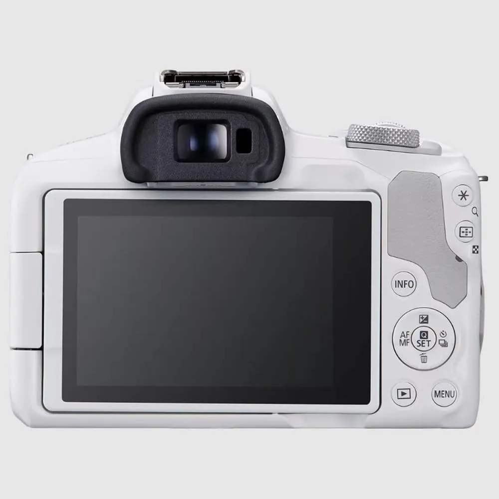 Canon EOS R50 Mirrorless Camera (White) with RF-S 18-45mm F4.5-6.3 is STM Lens 5812C012 Bundle with Deco Gear Photography Bag   2 x Battery   2 x 64GB Memory Cards   Accessories Kit