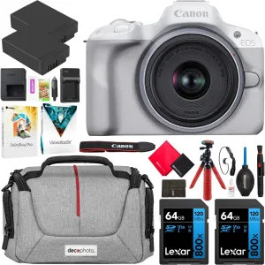 Canon EOS R50 Mirrorless Camera (White) with RF-S 18-45mm F4.5-6.3 is STM Lens 5812C012 Bundle with Deco Gear Photography Bag   2 x Battery   2 x 64GB Memory Cards   Accessories Kit