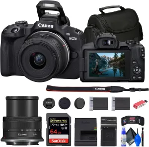 Canon EOS R50 Mirrorless Camera with 18-45mm Lens (Black) (5811C012)   64GB Memory Card   Bag   Charger   LPE17 Battery   Card Reader   Memory Wallet   Cleaning Kit (Renewed)