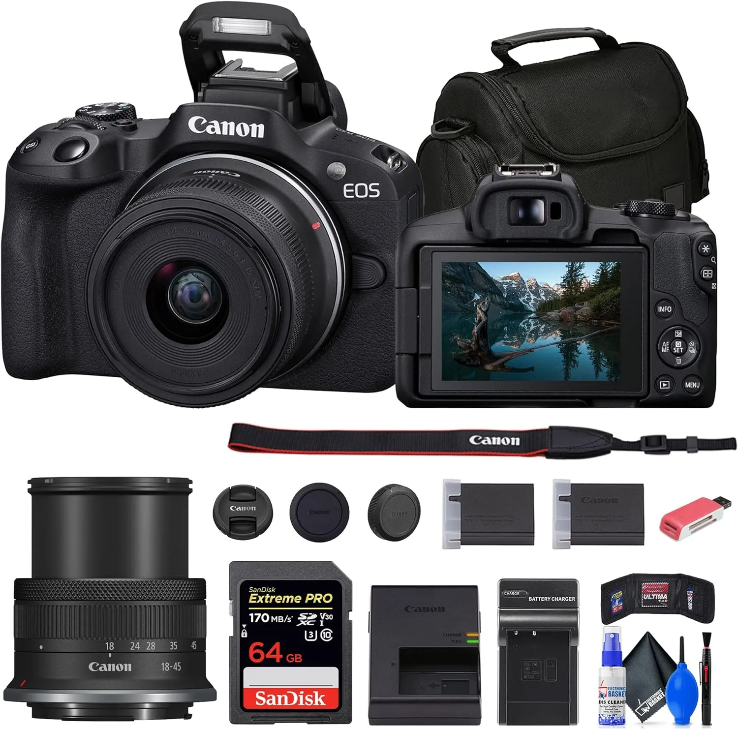 Canon EOS R50 Mirrorless Camera with 18-45mm Lens (Black) (5811C012)   64GB Memory Card   Bag   Charger   LPE17 Battery   Card Reader   Memory Wallet   Cleaning Kit (Renewed)