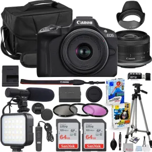 Canon EOS R50 Mirrorless Camera with 18-45mm Lens Bundle   2X 64GB Memory Cards   Accessory Kit Including Shoulder Bag, LED Light, Microphone, Software & More
