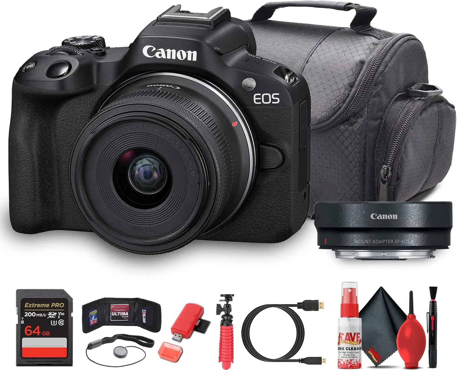 Canon EOS R50 V Camera   14–30mm Power Zoom Lens (6895C012) | 24.2MP APS-C | 4K60p Video | Flip Screen | All-in-One Vlogging for Creators   Adapter EF-EOS R   64GB Memory Card  More (Renewed)