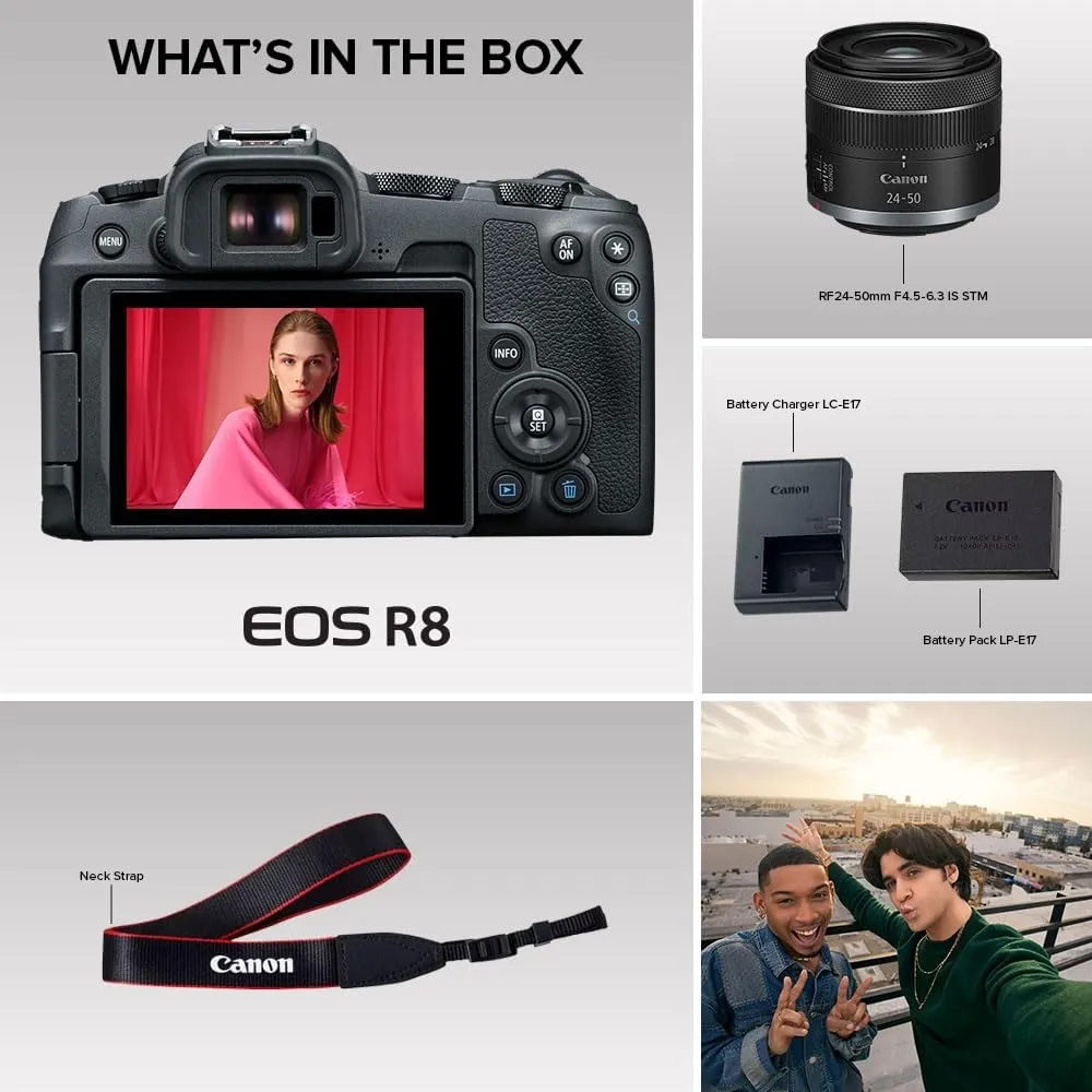 Canon EOS R8 Mirrorless Camera RF24-50mm F4.5-6.3 is STM Lens Kit, Full-Frame Hybrid Camera, 24.2 Megapixel CMOS Image Sensor, 4K Video, Content Creator Vlogging Camera, Black