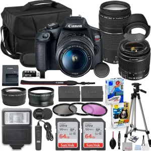 Canon EOS Rebel T7 DSLR Camera with 18-55mm & 75-300mm Lens Bundle with Extra Canon Battery   2X 64GB Memory Cards   Accessory Kit Including Bag, Flash, Aux Lenses, Software & More