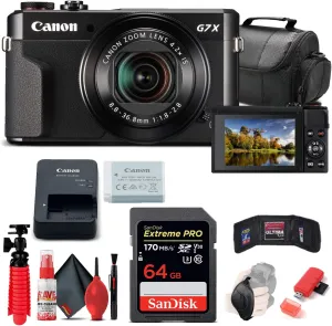 Canon PowerShot G7 X Mark II Digital Camera (1066C001)   64GB Memory Card   Card Reader   Deluxe Soft Bag   Flex Tripod   Hand Strap   Memory Wallet   Cleaning Kit (Renewed)