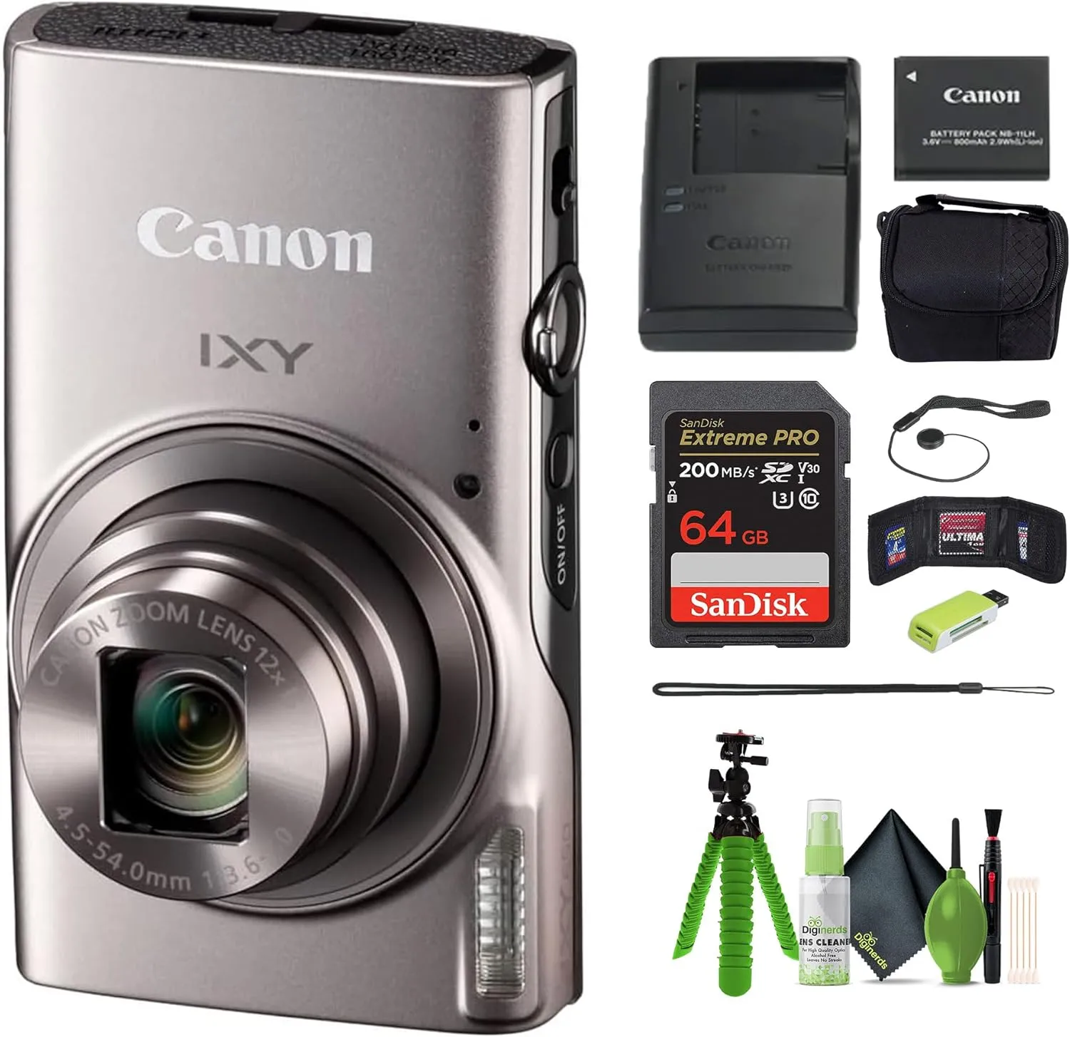 Canon PowerShot IXY 650 (ELPH 360) HS Compact Digital Camera 12x Optical Zoom IXY650 (Silver) Bundle   64GB Memory Card   Camara Bag   Card Reader   Vlogging Tripod   Cleaning Kit and More (Renewed)