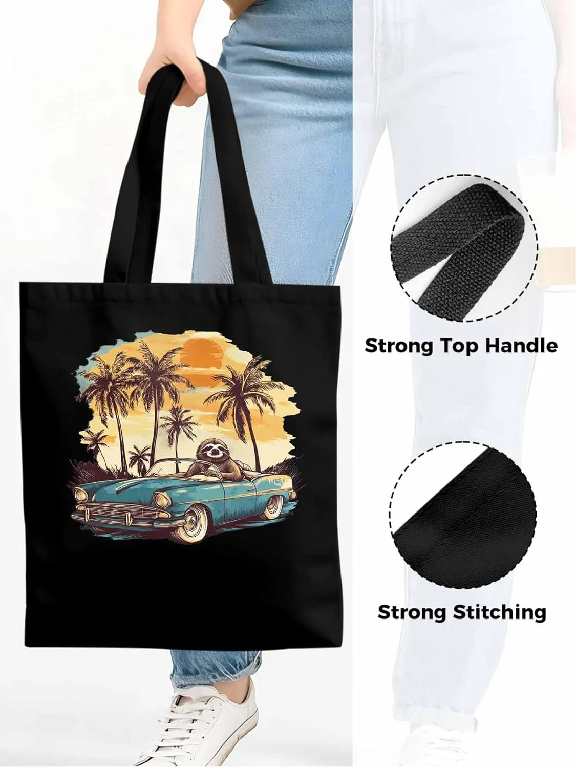 Canvas Tote Bag, Beach Sloth Driving Car Palm Tree patterned Canvas Tote Handbags for Women Shoulder Bag,