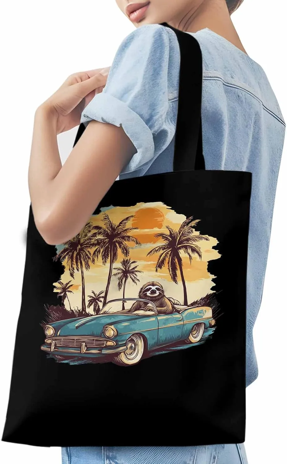 Canvas Tote Bag, Beach Sloth Driving Car Palm Tree patterned Canvas Tote Handbags for Women Shoulder Bag,