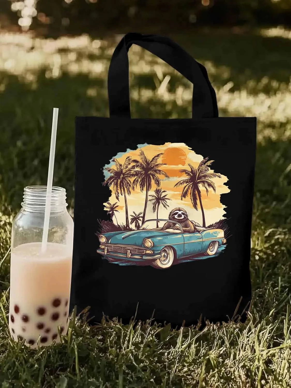 Canvas Tote Bag, Beach Sloth Driving Car Palm Tree patterned Canvas Tote Handbags for Women Shoulder Bag,