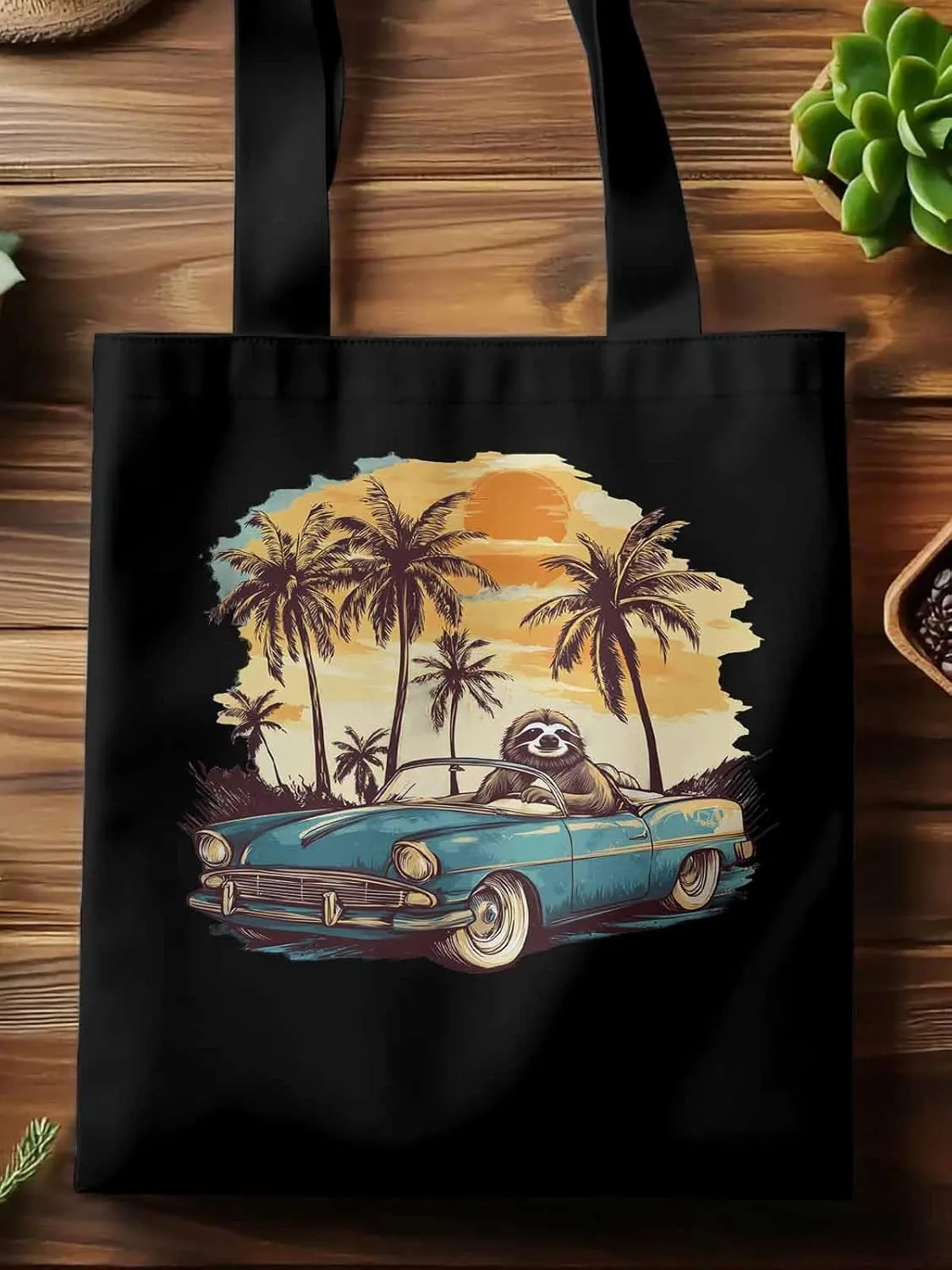 Canvas Tote Bag, Beach Sloth Driving Car Palm Tree patterned Canvas Tote Handbags for Women Shoulder Bag,