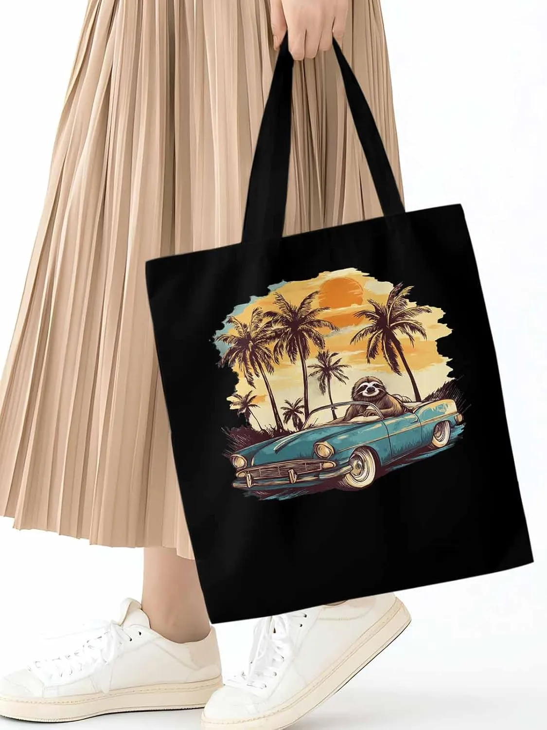 Canvas Tote Bag, Beach Sloth Driving Car Palm Tree patterned Canvas Tote Handbags for Women Shoulder Bag,