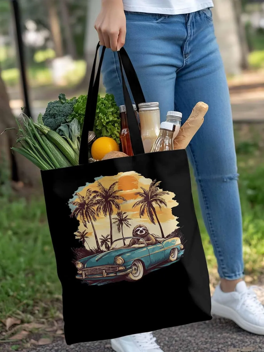 Canvas Tote Bag, Beach Sloth Driving Car Palm Tree patterned Canvas Tote Handbags for Women Shoulder Bag,