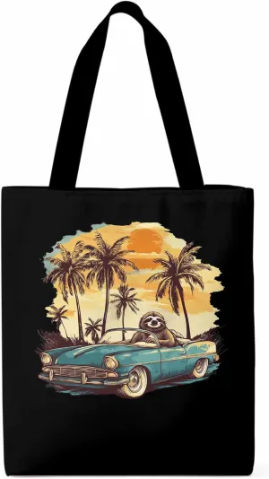 Canvas Tote Bag, Beach Sloth Driving Car Palm Tree patterned Canvas Tote Handbags for Women Shoulder Bag,