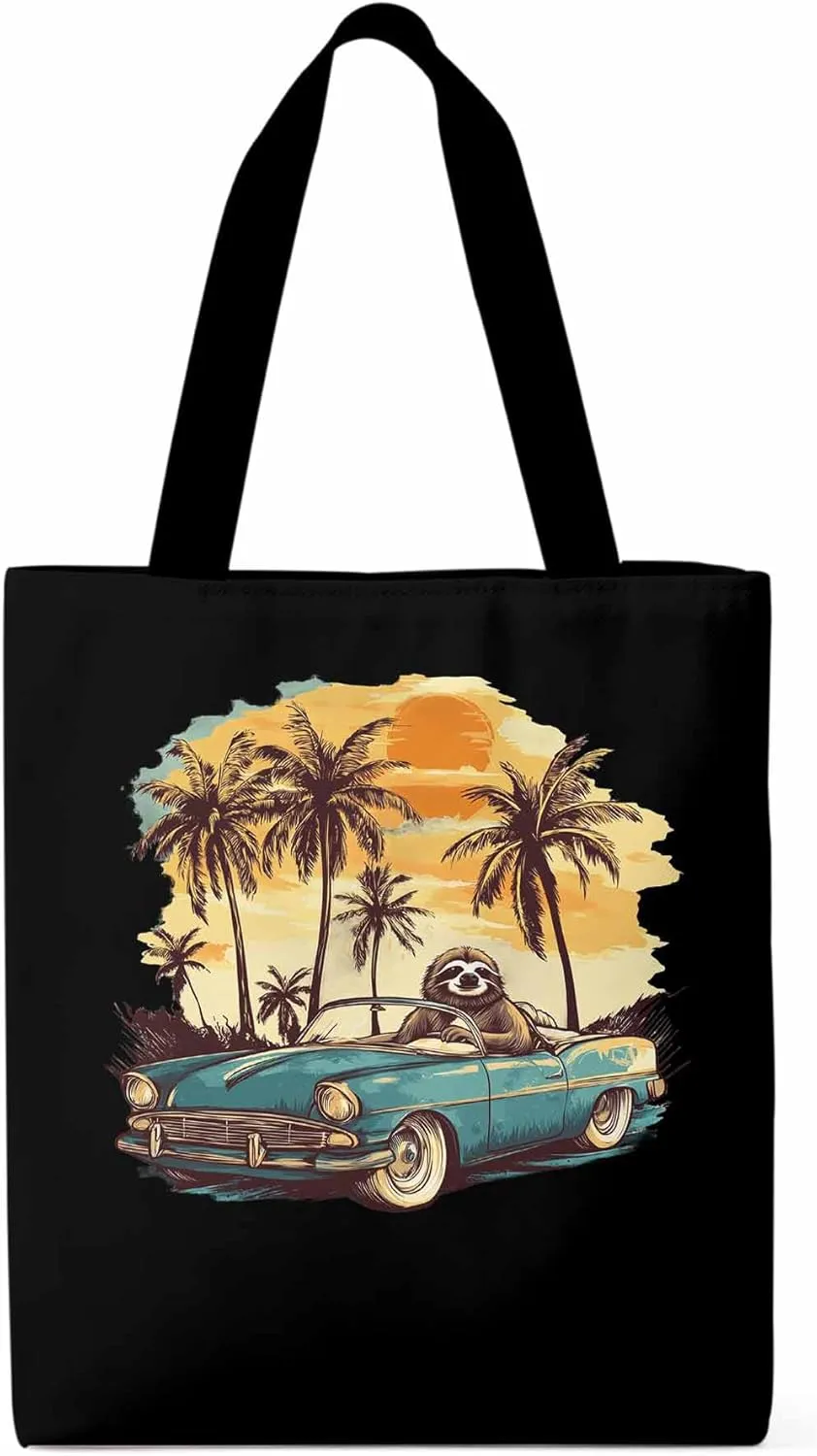 Canvas Tote Bag, Beach Sloth Driving Car Palm Tree patterned Canvas Tote Handbags for Women Shoulder Bag,