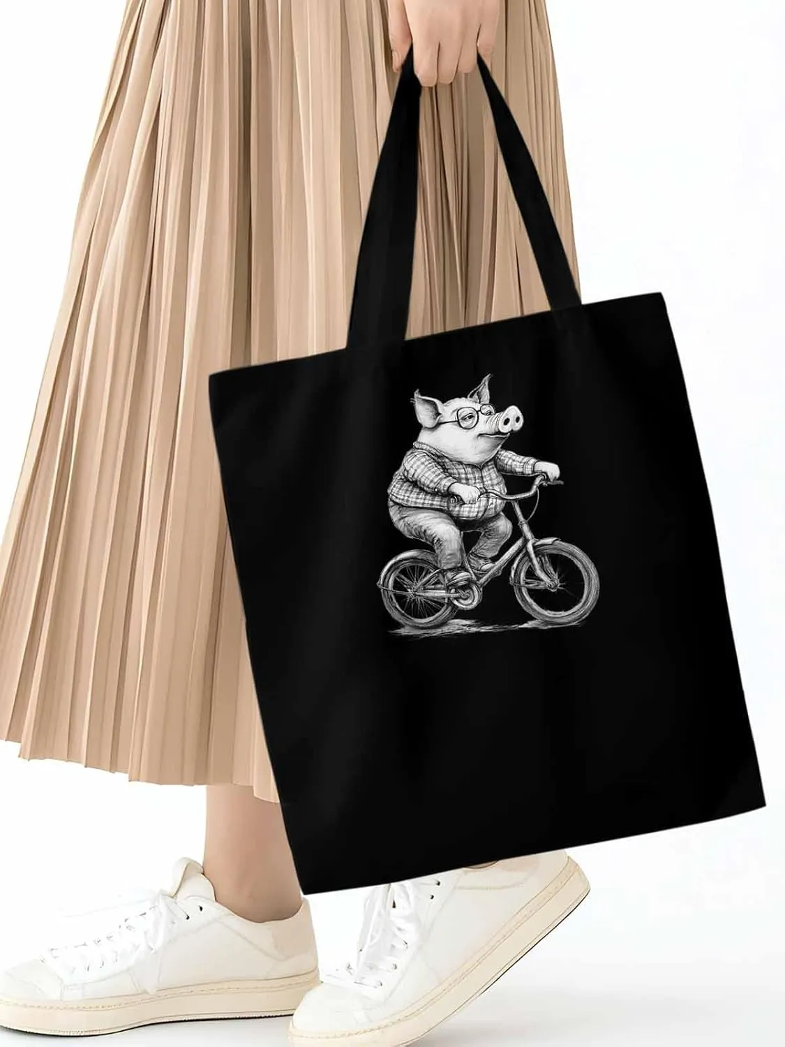 Canvas Tote Bag, Black White Pig on Bicycle patterned Canvas Tote Handbags for Women Shoulder Bag,