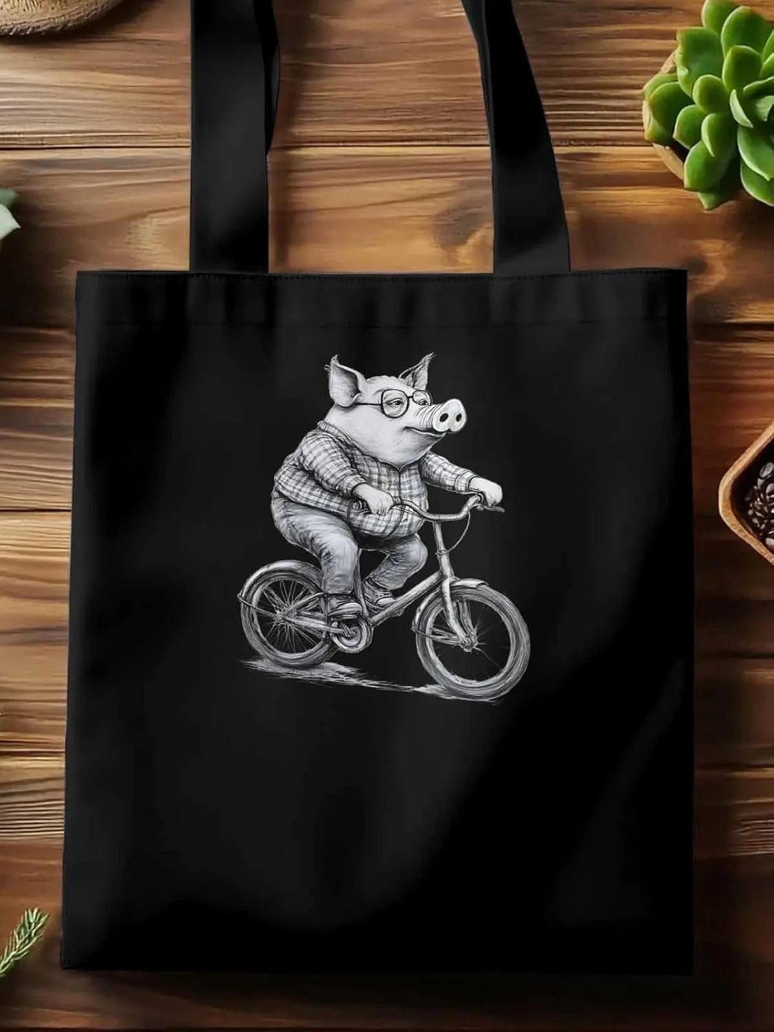 Canvas Tote Bag, Black White Pig on Bicycle patterned Canvas Tote Handbags for Women Shoulder Bag,