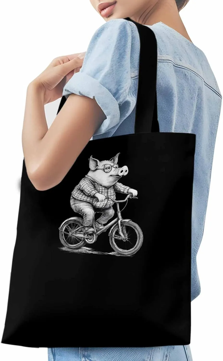 Canvas Tote Bag, Black White Pig on Bicycle patterned Canvas Tote Handbags for Women Shoulder Bag,