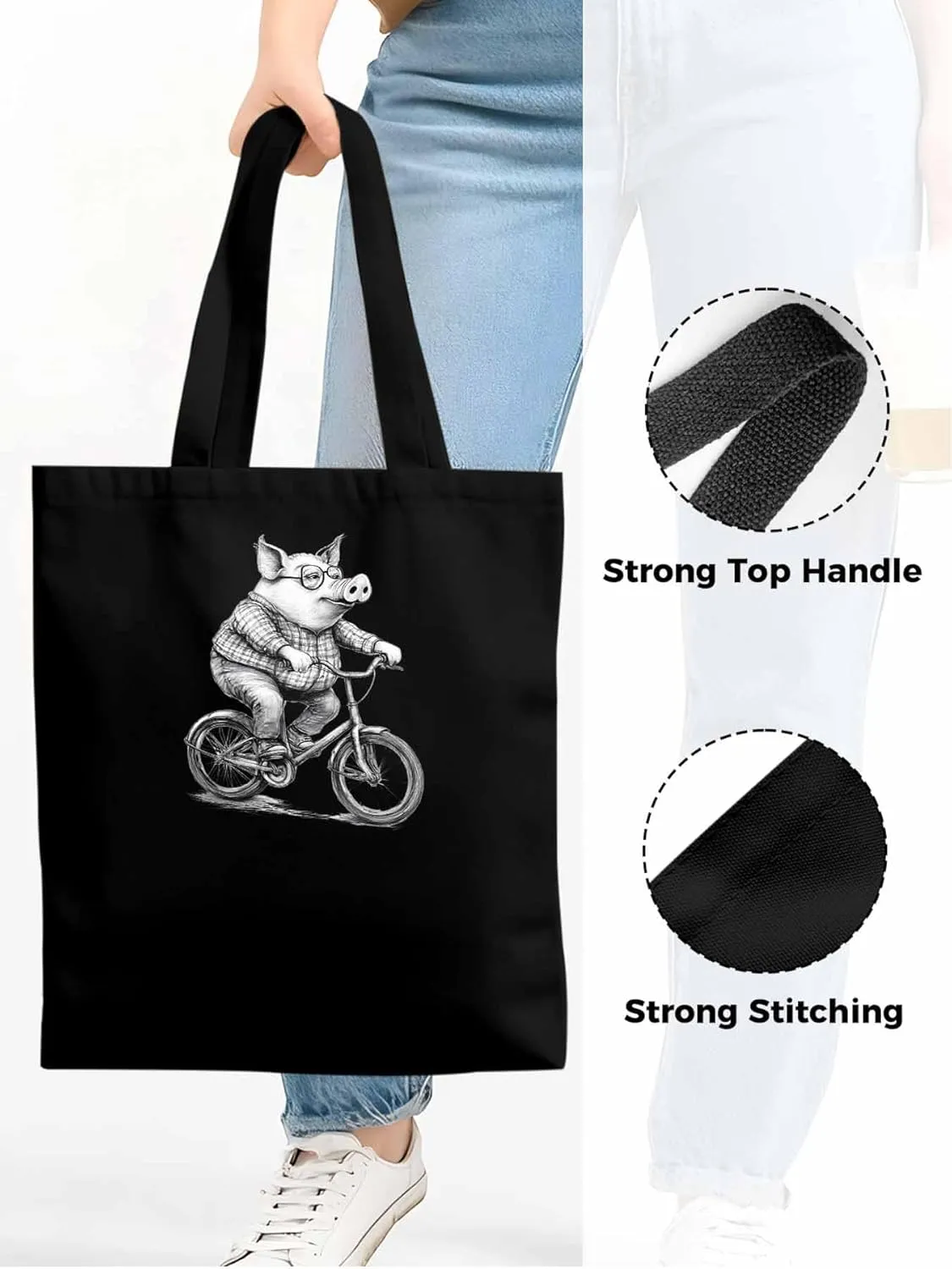 Canvas Tote Bag, Black White Pig on Bicycle patterned Canvas Tote Handbags for Women Shoulder Bag,