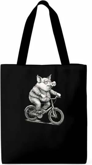 Canvas Tote Bag, Black White Pig on Bicycle patterned Canvas Tote Handbags for Women Shoulder Bag,