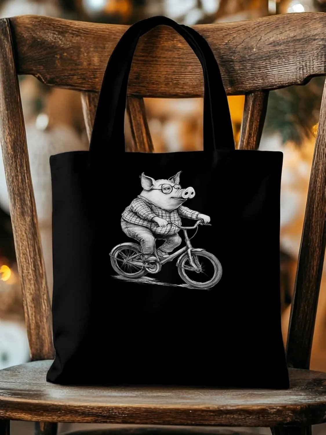 Canvas Tote Bag, Black White Pig on Bicycle patterned Canvas Tote Handbags for Women Shoulder Bag,