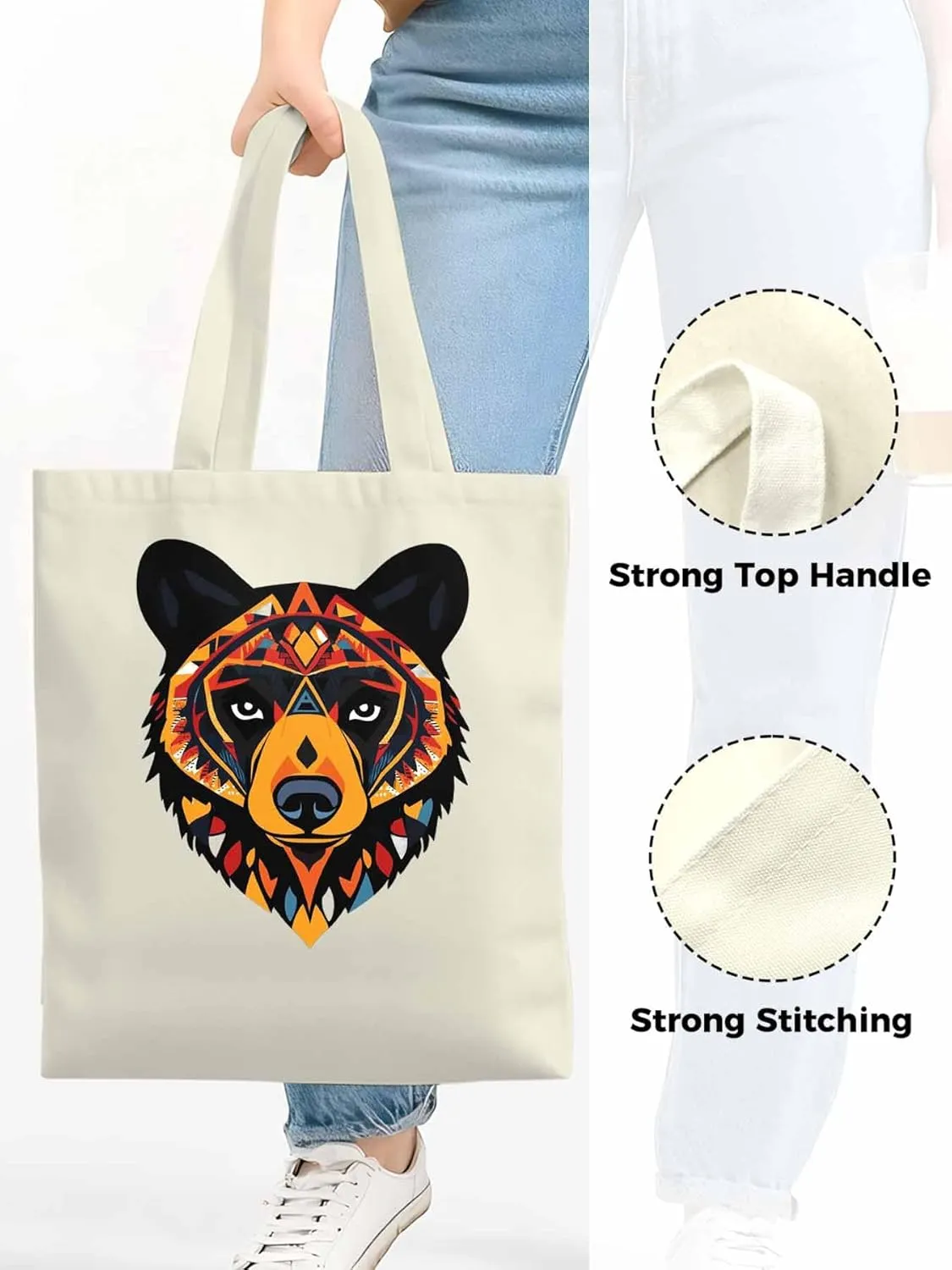 Canvas Tote Bag, Boho Geometric Bears Print patterned Canvas Tote Handbags for Women Shoulder Bag,