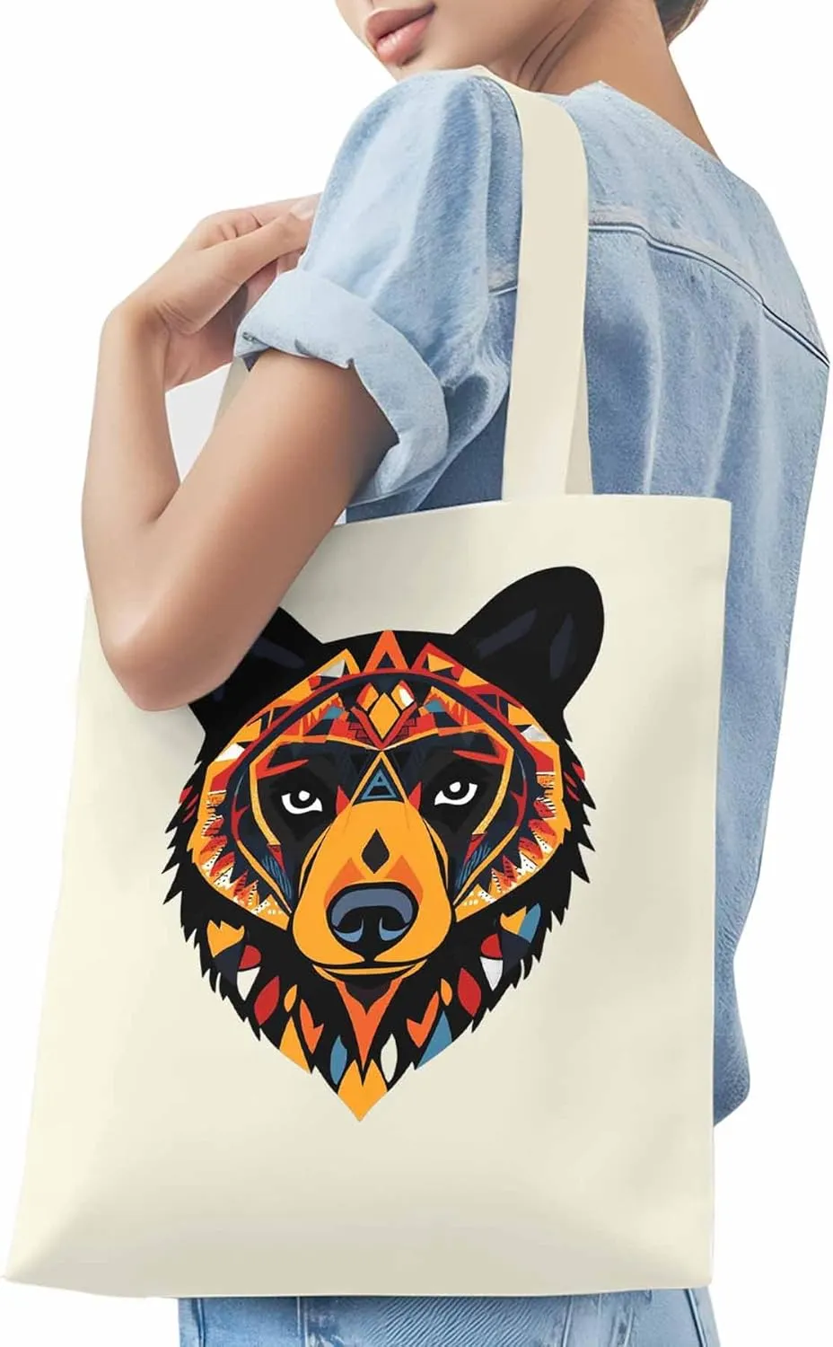 Canvas Tote Bag, Boho Geometric Bears Print patterned Canvas Tote Handbags for Women Shoulder Bag,