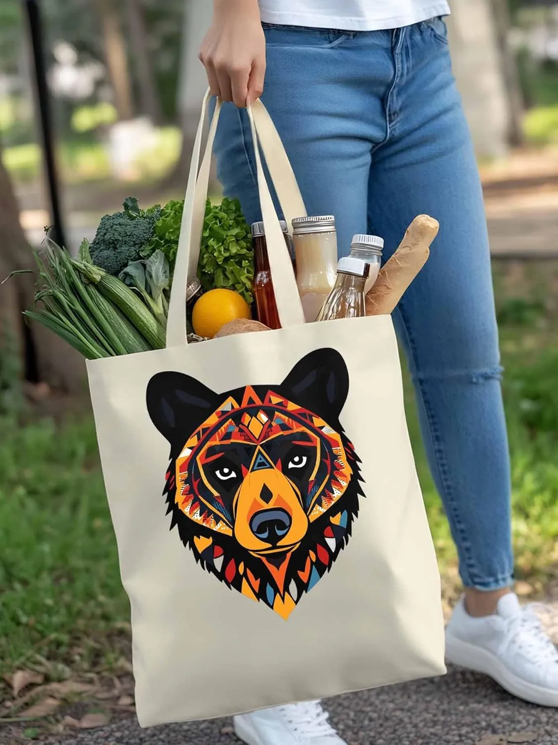 Canvas Tote Bag, Boho Geometric Bears Print patterned Canvas Tote Handbags for Women Shoulder Bag,