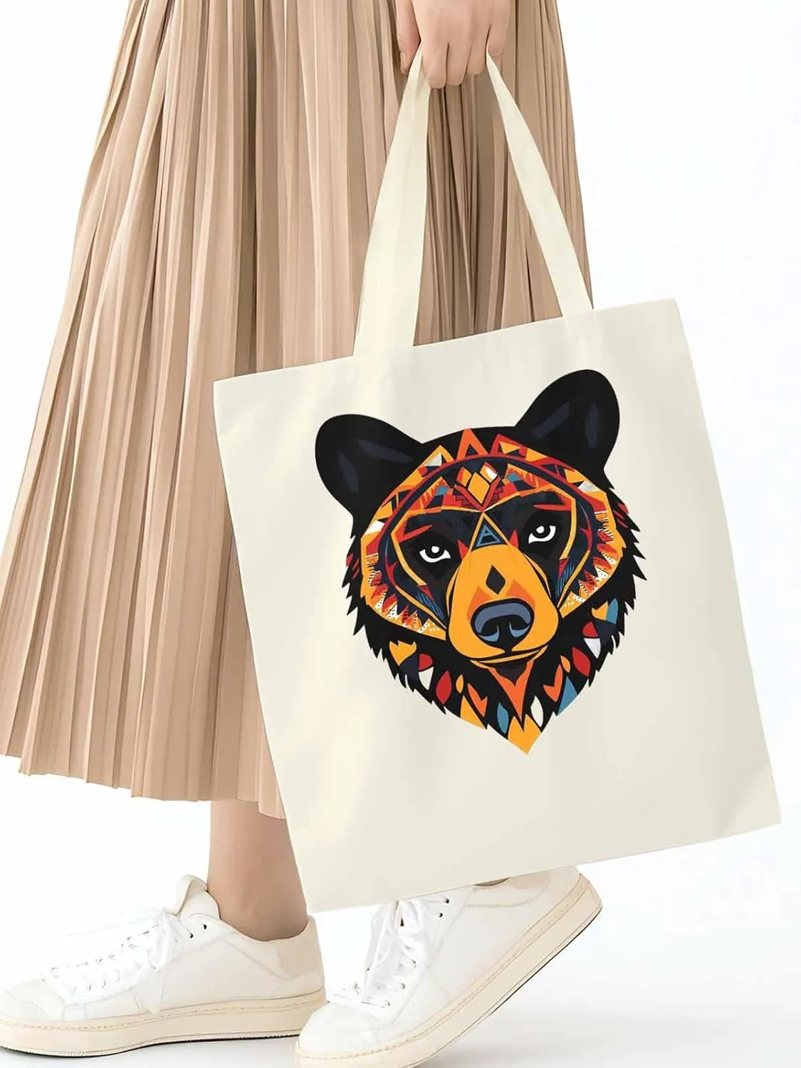 Canvas Tote Bag, Boho Geometric Bears Print patterned Canvas Tote Handbags for Women Shoulder Bag,
