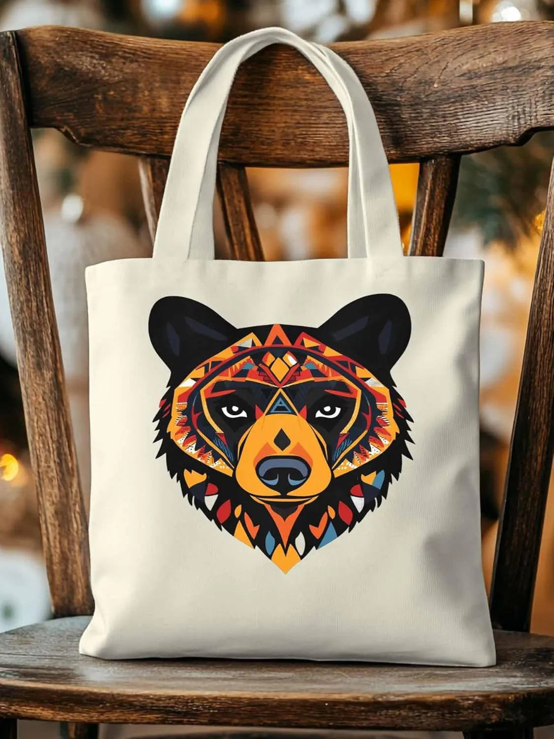 Canvas Tote Bag, Boho Geometric Bears Print patterned Canvas Tote Handbags for Women Shoulder Bag,