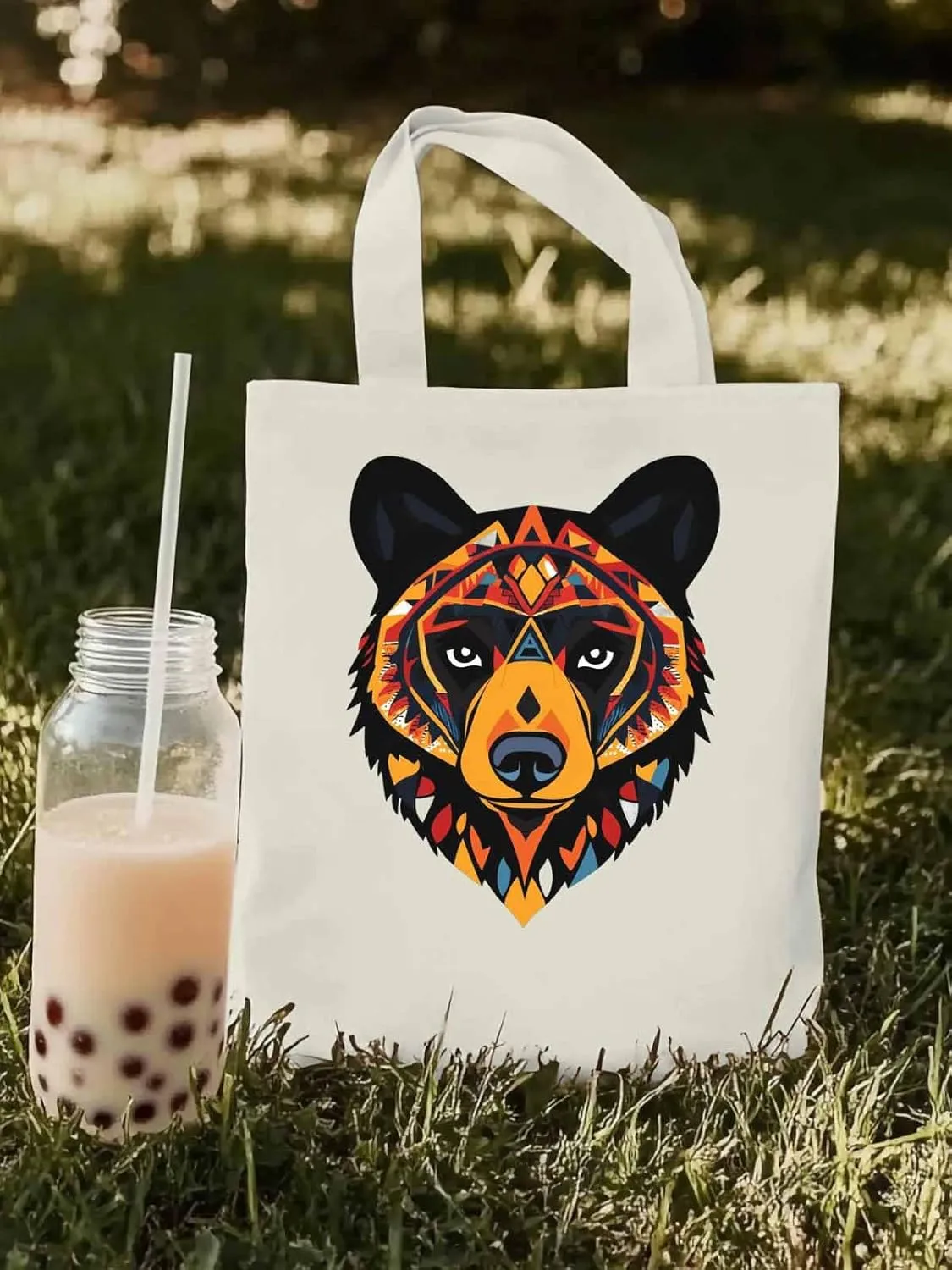 Canvas Tote Bag, Boho Geometric Bears Print patterned Canvas Tote Handbags for Women Shoulder Bag,