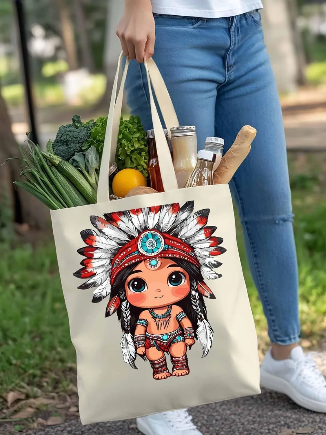 Canvas Tote Bag, Cartoon Ethnic Cute Girl patterned Canvas Tote Handbags for Women Shoulder Bag,