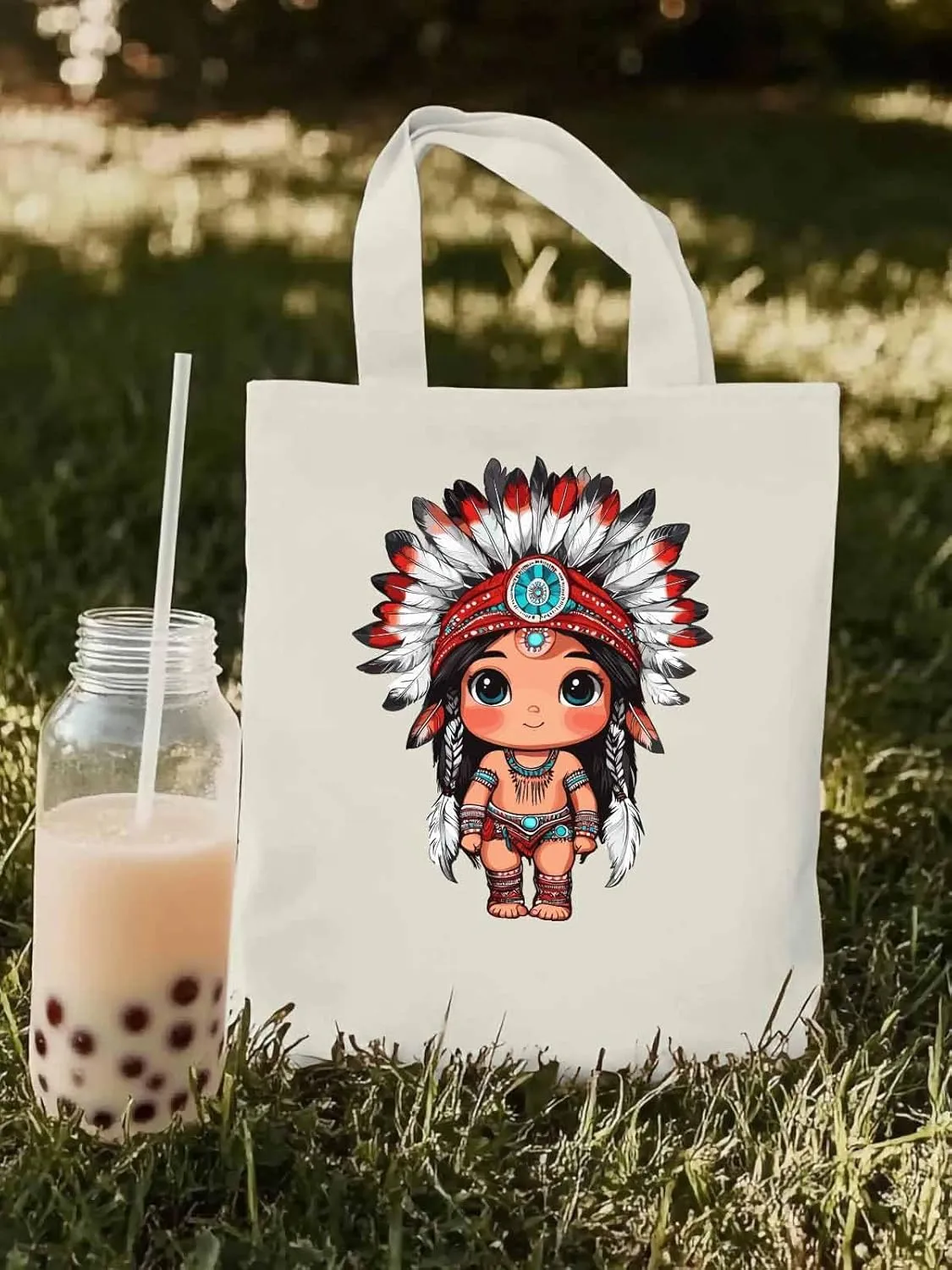 Canvas Tote Bag, Cartoon Ethnic Cute Girl patterned Canvas Tote Handbags for Women Shoulder Bag,