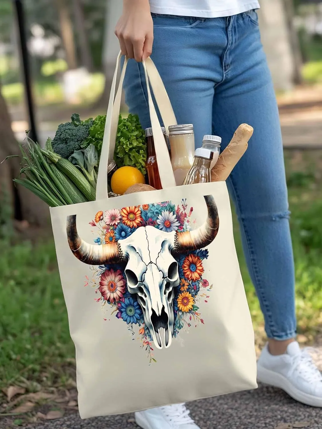Canvas Tote Bag, Cow Skull with Floral patterned Canvas Tote Handbags for Women Shoulder Bag,