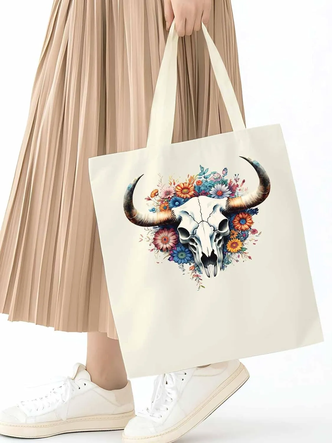 Canvas Tote Bag, Cow Skull with Floral patterned Canvas Tote Handbags for Women Shoulder Bag,