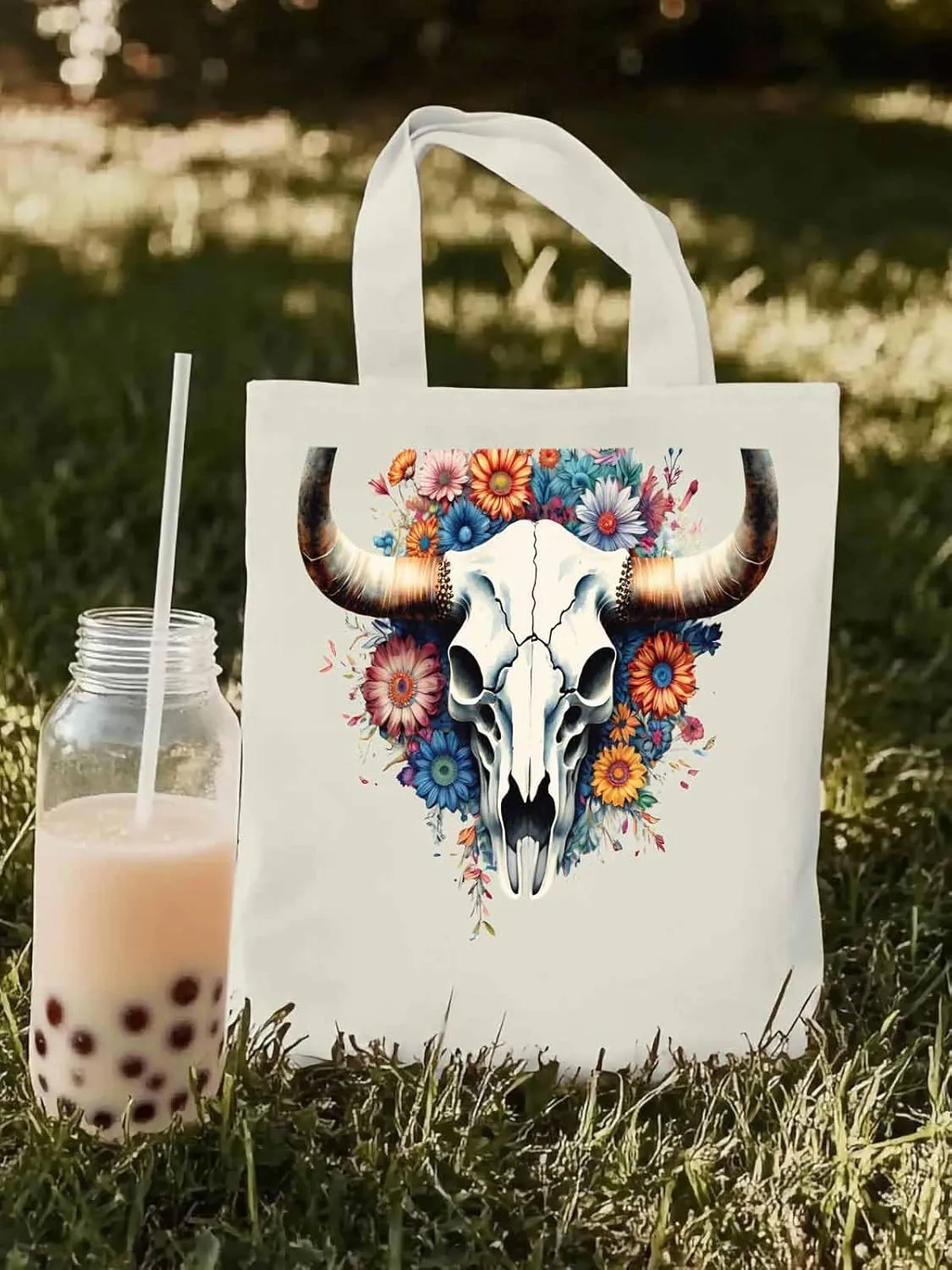 Canvas Tote Bag, Cow Skull with Floral patterned Canvas Tote Handbags for Women Shoulder Bag,