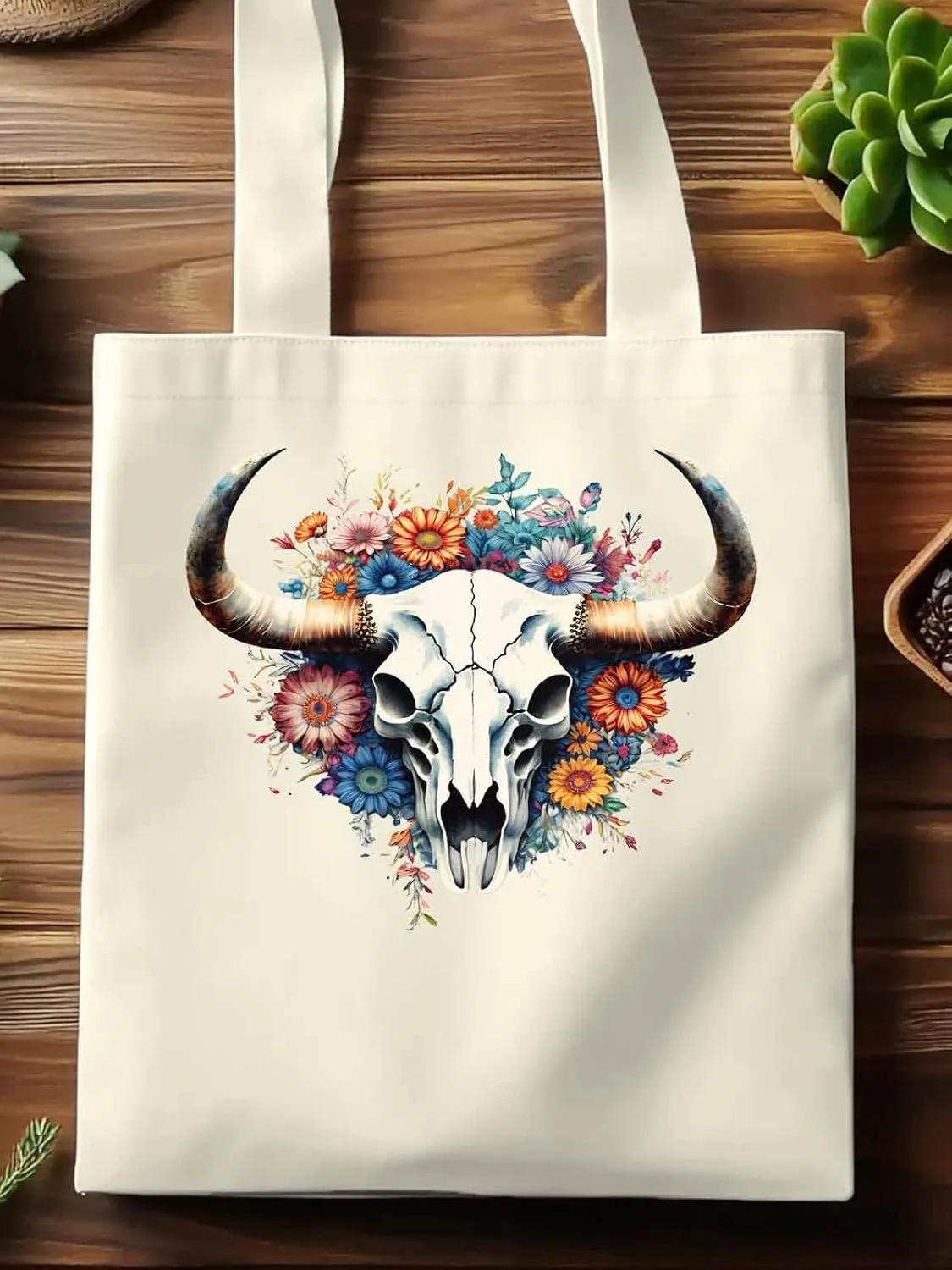 Canvas Tote Bag, Cow Skull with Floral patterned Canvas Tote Handbags for Women Shoulder Bag,