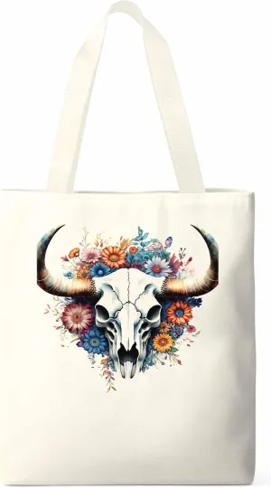 Canvas Tote Bag, Cow Skull with Floral patterned Canvas Tote Handbags for Women Shoulder Bag,