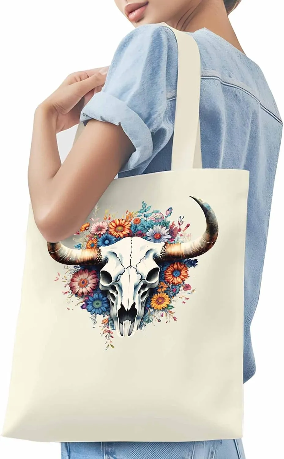 Canvas Tote Bag, Cow Skull with Floral patterned Canvas Tote Handbags for Women Shoulder Bag,