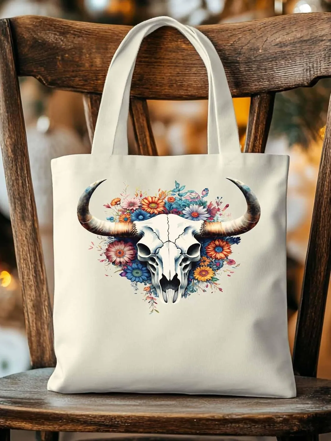 Canvas Tote Bag, Cow Skull with Floral patterned Canvas Tote Handbags for Women Shoulder Bag,