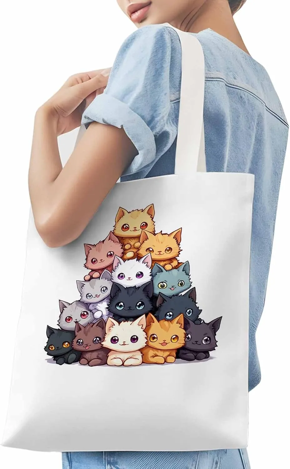 Canvas Tote Bag, Cute Cat Cartoon patterned Canvas Tote Handbags for Women Shoulder Bag,