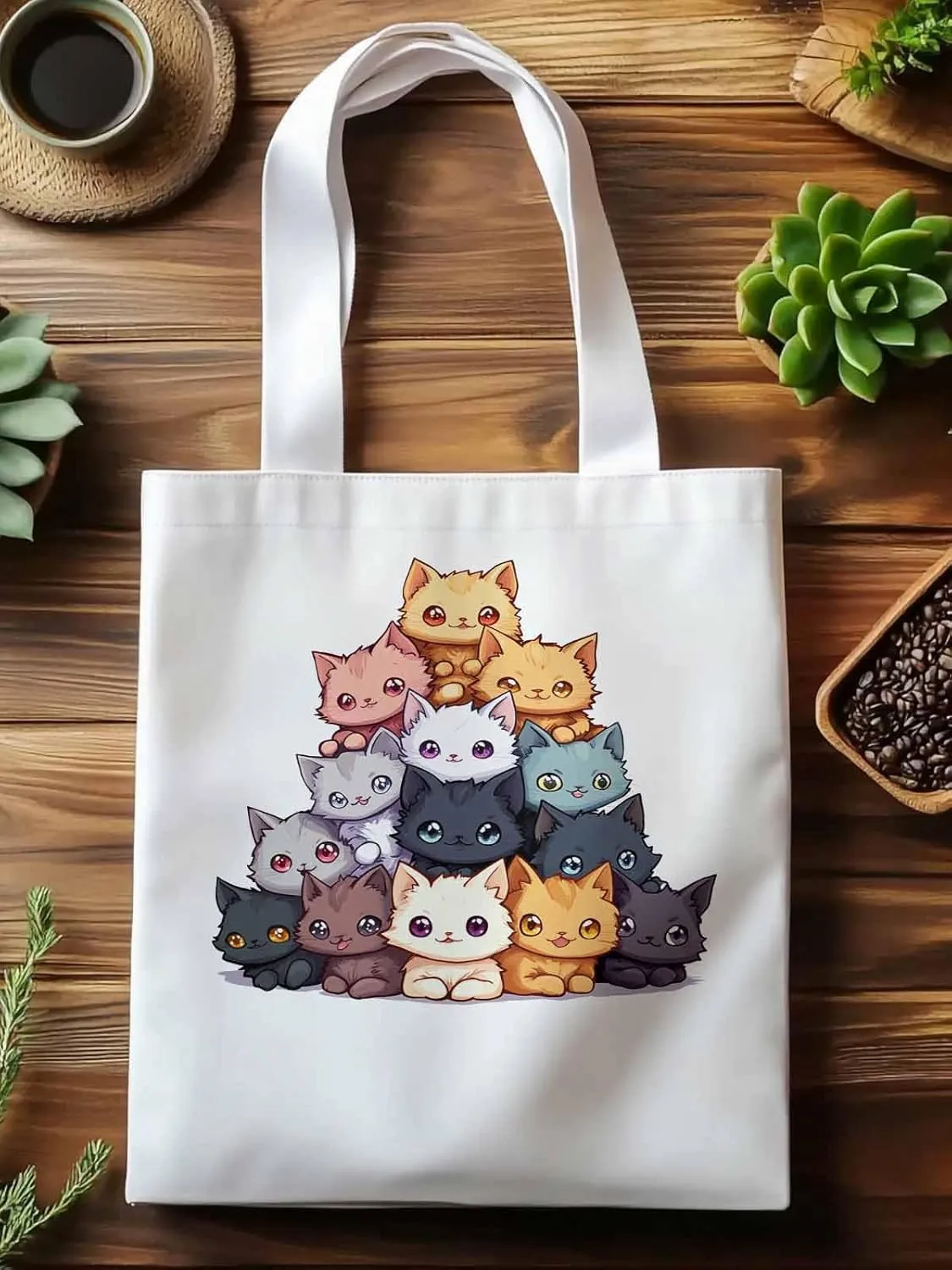 Canvas Tote Bag, Cute Cat Cartoon patterned Canvas Tote Handbags for Women Shoulder Bag,