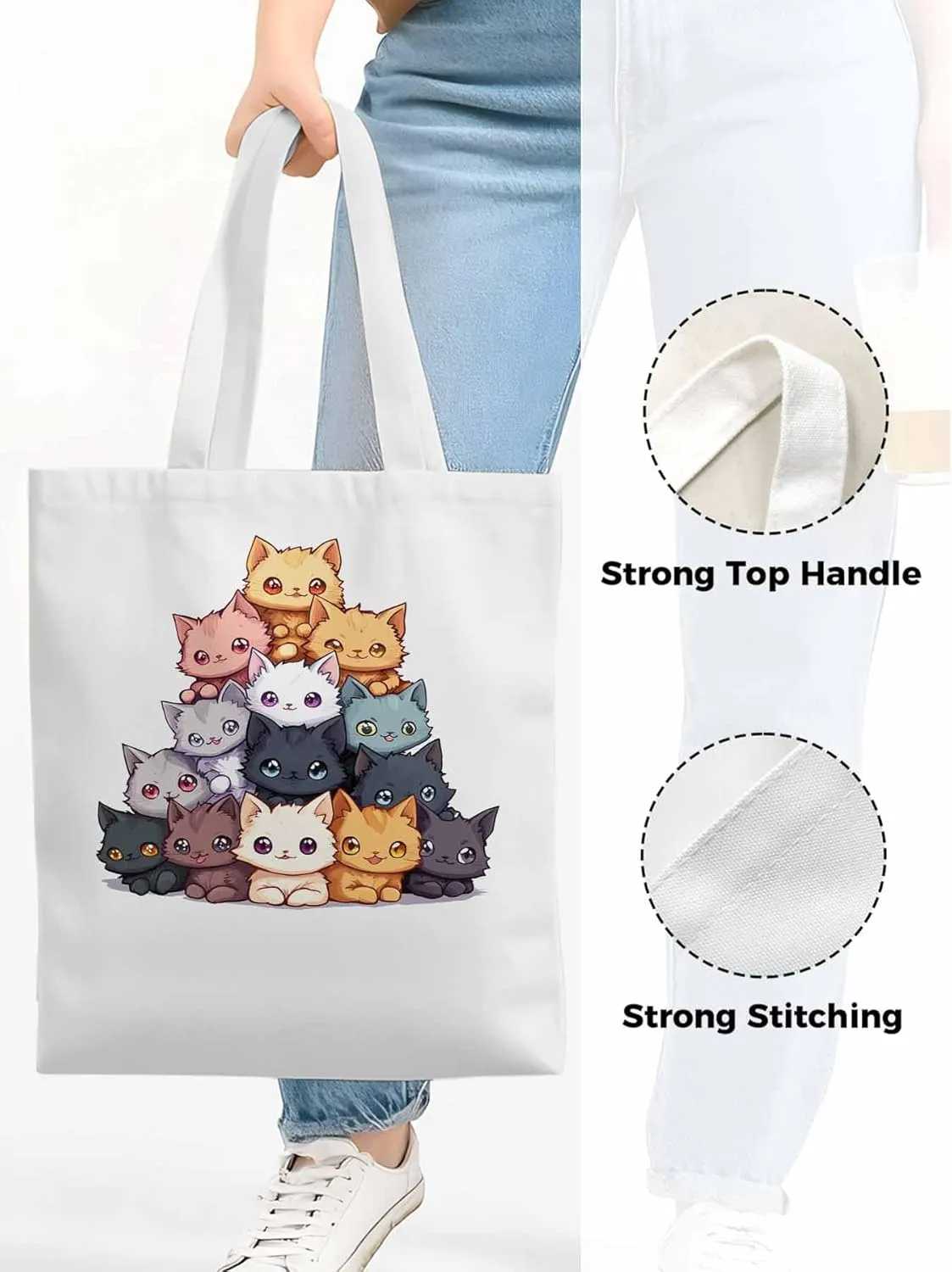 Canvas Tote Bag, Cute Cat Cartoon patterned Canvas Tote Handbags for Women Shoulder Bag,