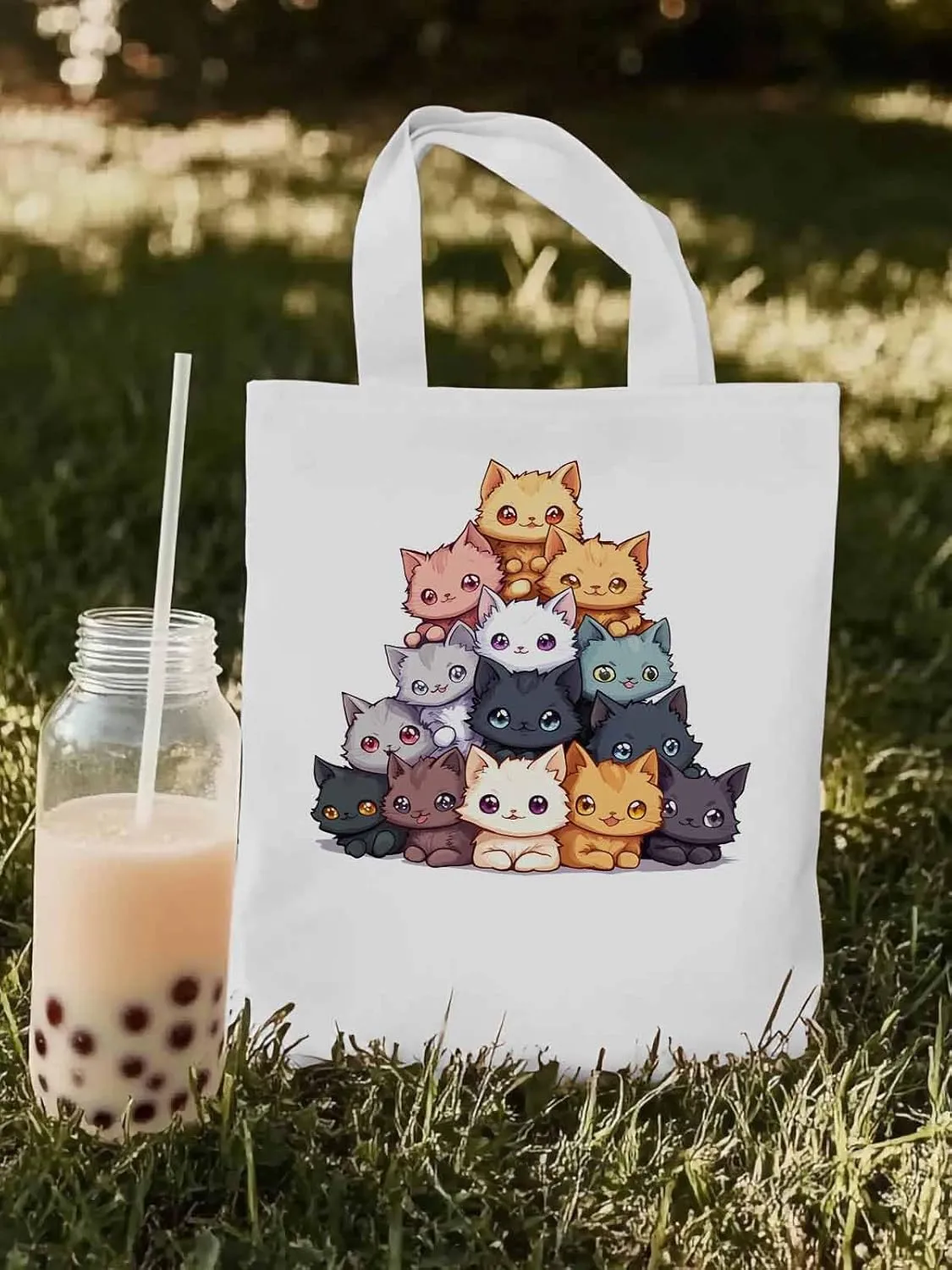 Canvas Tote Bag, Cute Cat Cartoon patterned Canvas Tote Handbags for Women Shoulder Bag,