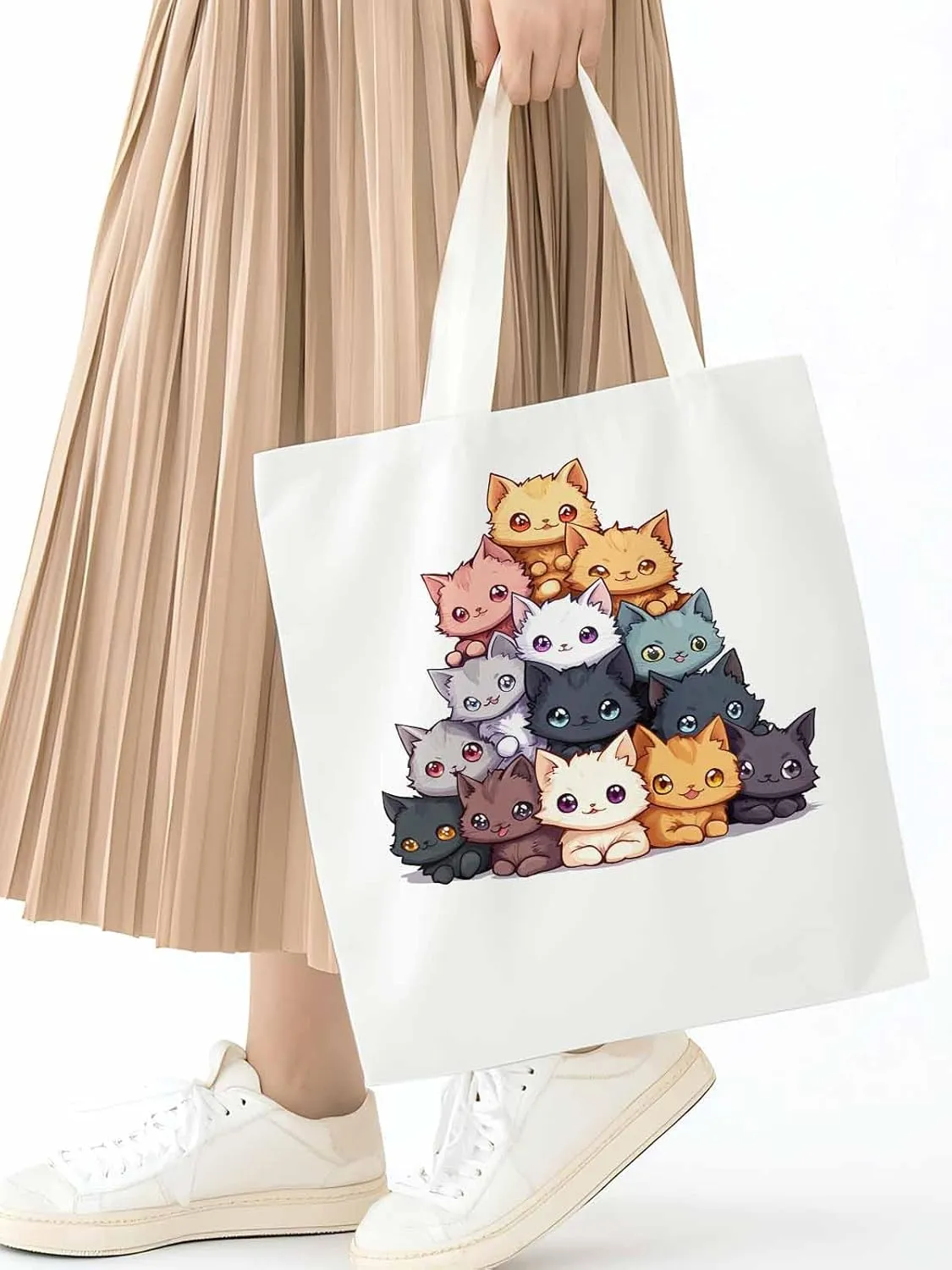 Canvas Tote Bag, Cute Cat Cartoon patterned Canvas Tote Handbags for Women Shoulder Bag,
