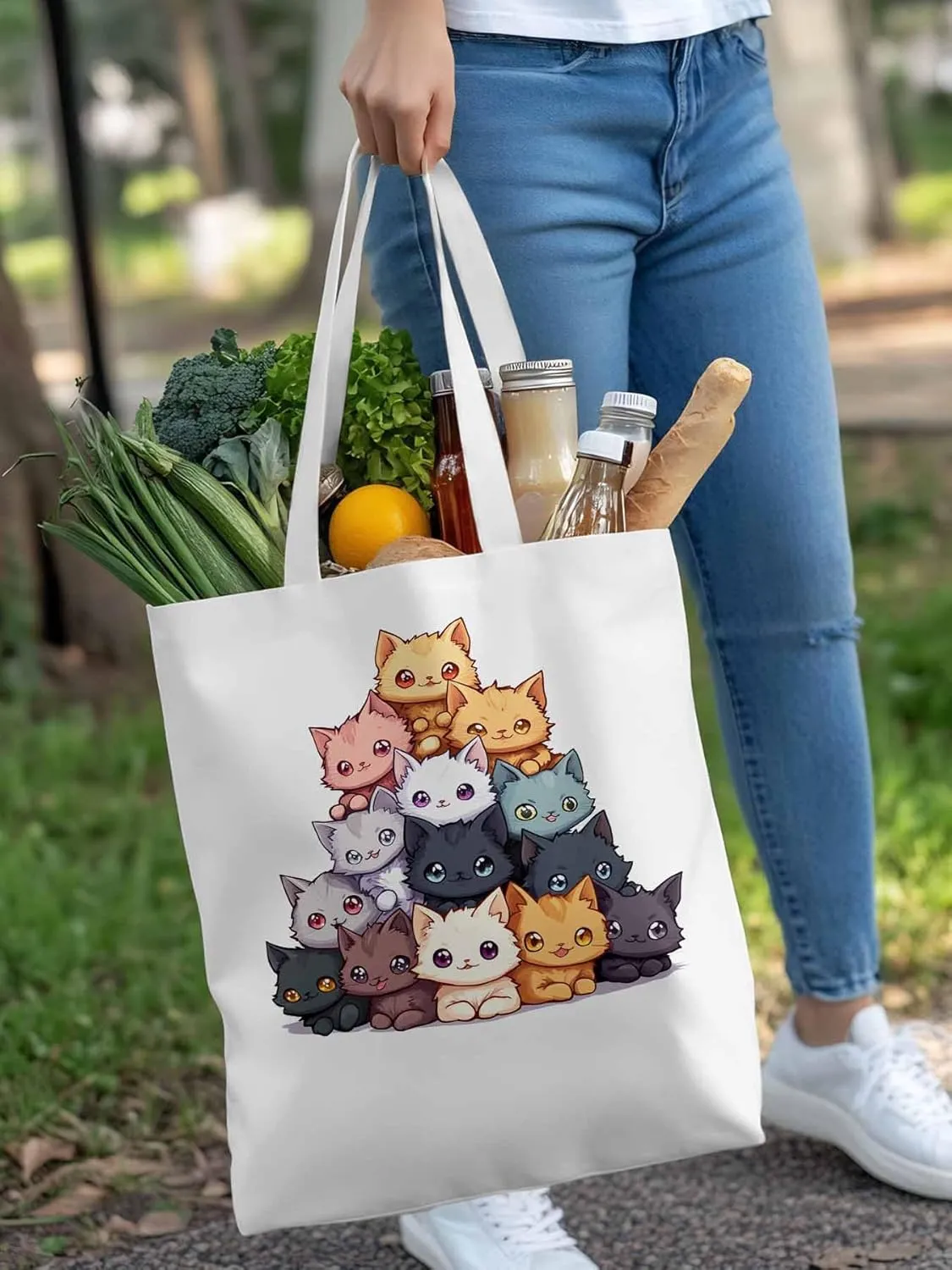 Canvas Tote Bag, Cute Cat Cartoon patterned Canvas Tote Handbags for Women Shoulder Bag,