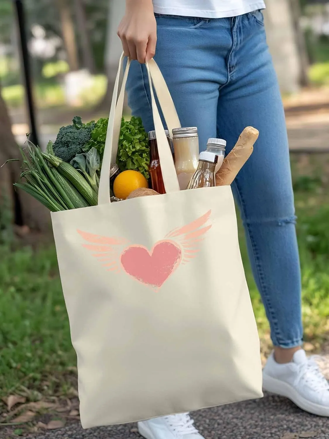 Canvas Tote Bag, Pink Heart Love Orange Wings patterned Canvas Tote Handbags for Women Shoulder Bag,