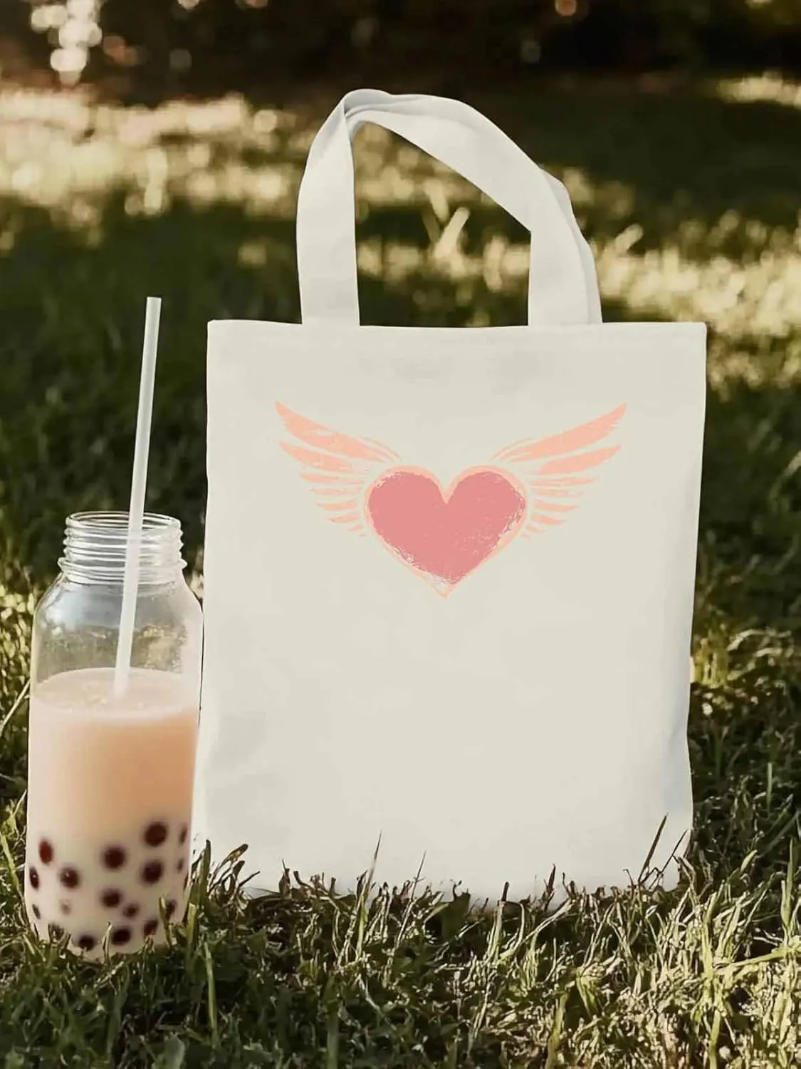Canvas Tote Bag, Pink Heart Love Orange Wings patterned Canvas Tote Handbags for Women Shoulder Bag,