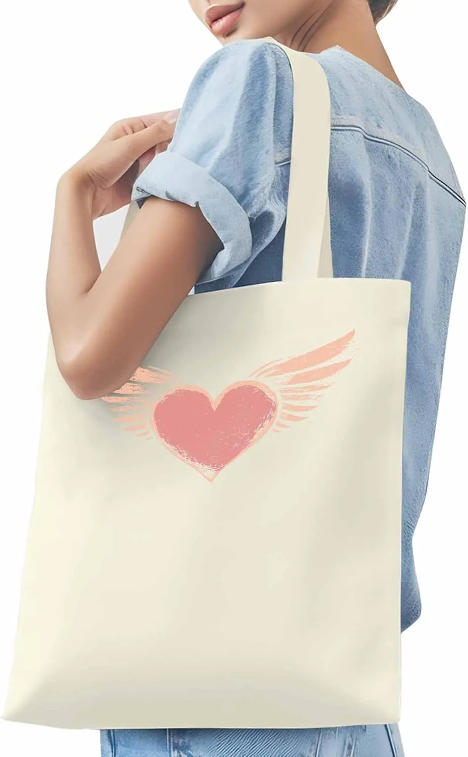Canvas Tote Bag, Pink Heart Love Orange Wings patterned Canvas Tote Handbags for Women Shoulder Bag,